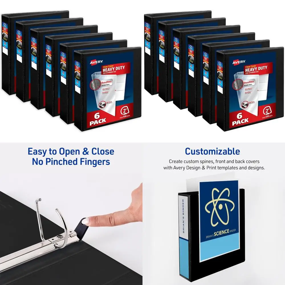 

2 Inch Slant Rings Heavy-Duty Binders, 530-Sheet Capacity, 2.8 Inch Wide Spine, Clear Customizable Cover, Black 6-Pack