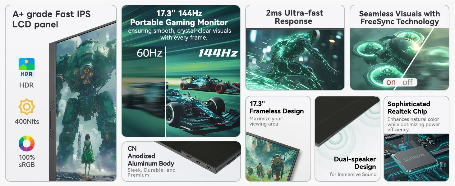 UPERFECT 2K 144Hz tragbarer Monitor 17,3 Zoll 400 Nits 2560x1440P IPS-Bildschirm für Gaming-Reisen Laptop PC PS4/5 Switch HDR-Display – Detail 6