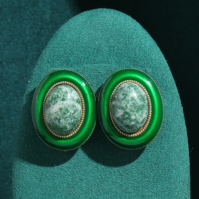 

Vintage Gold Color Oval Green Stud Earrings Natural Stone Jewelry For Women New Trends Retro 2026 Bride Accessories For Wedding