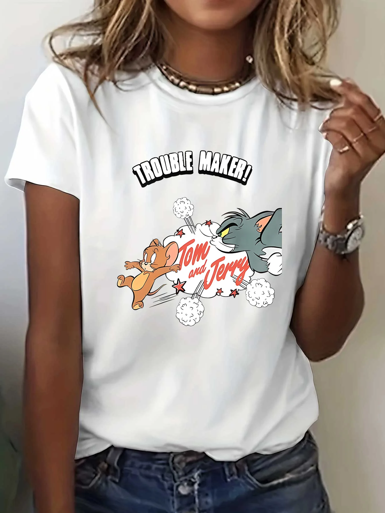 

2025 Tom and Jerry Print Women's T-Shirt Round Neck Short Sleeve Cotton Tee Cartoon Women T-shirt Brand Summer Clothing Y2k Tops