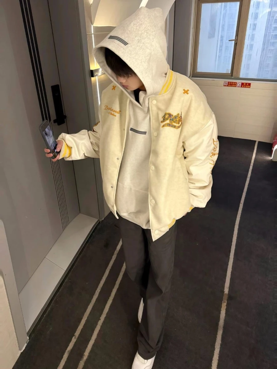 

Retro American Streetwear Letter Embroidery Baseball Jaet Loose Fit ex Couples Matching Color Jaet Outerwear