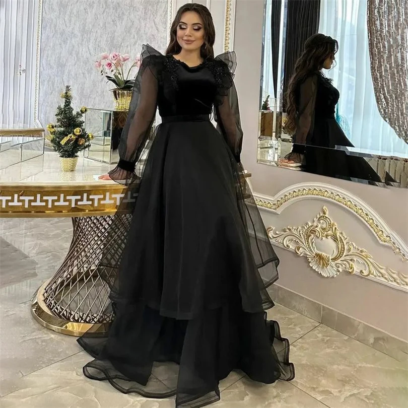 

Black Tulle A-Line Muslim Formal Prom Dresses Tiered Ruffles Floor Length Puff Sleeves Evening Dress Glitter Bride Party Gowns