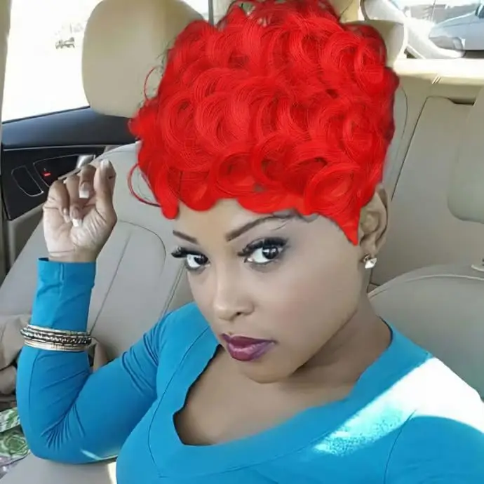 Red Short Synthetic Wigs for Black Women Short Pixie Cut Wigs Curly Hair Replacement Short Red Layered Wavy With Bangs