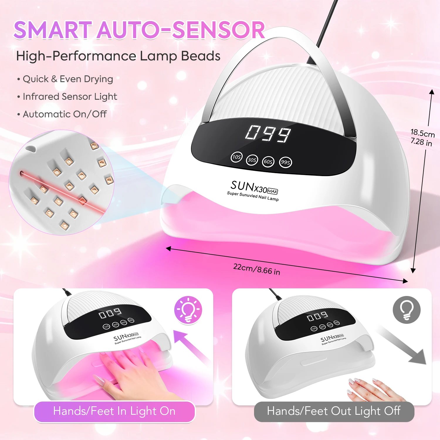 DianaBeauty Lampada UV per unghie Asciugacapelli professionale con touch screen Lampada per manicure portatile con sensore intelligente e manico per strumento per unghie