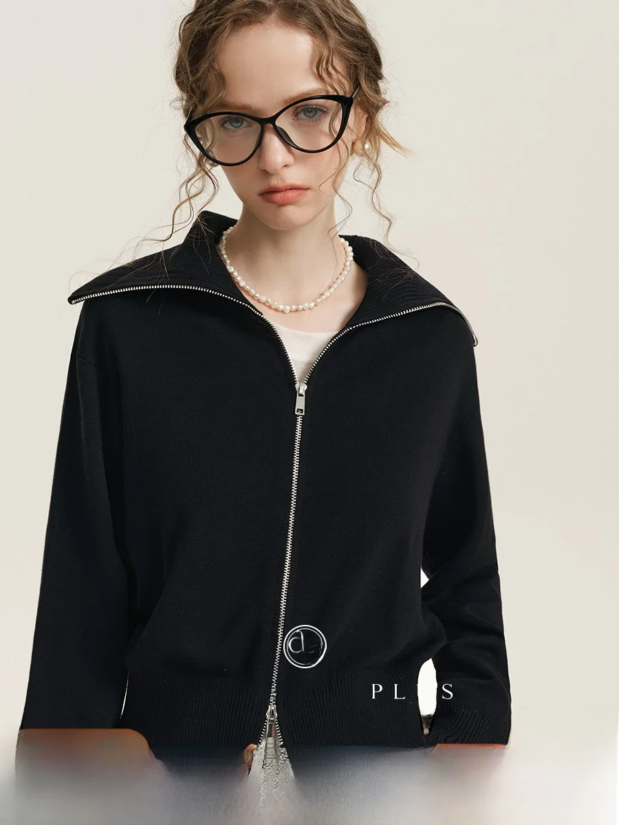 

plus Bla Knitted Cardigan Spring Season f High Collar Silk Mixed Double Zipper Long Sve Warm Regular Fit Wom...