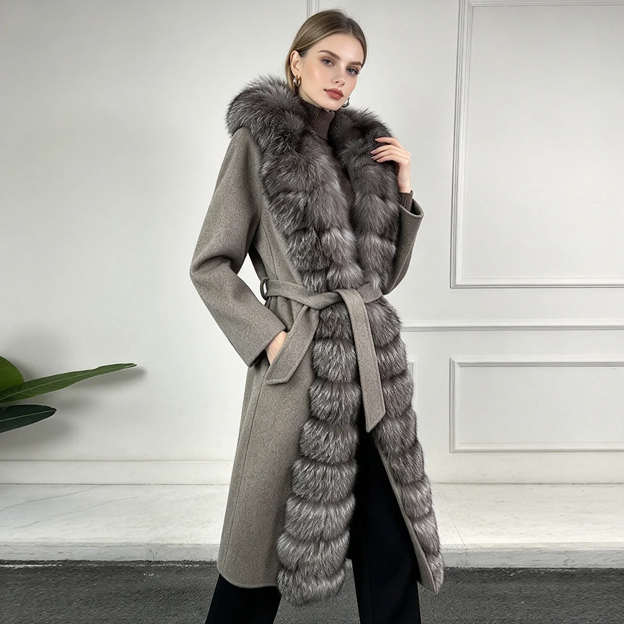 Wool Coats For Women Long Woolen Jackets With Real Sliver Fox Fur Trim Winter Warm Luxury Cashmere Coat Woman