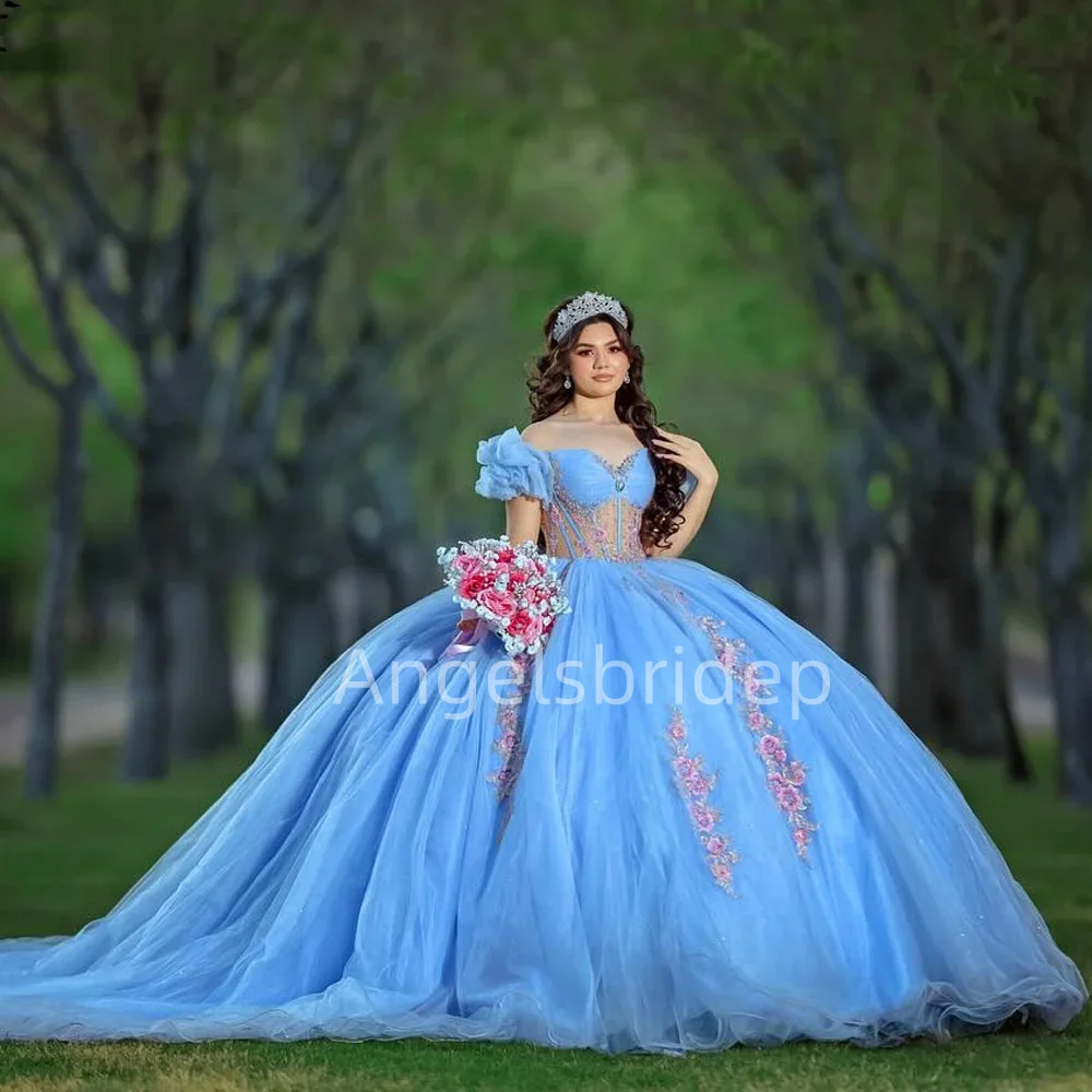 Angelsbridep-vestido de baile azul personalizado de México, vestidos de quinceañera de 15 años, apliques de 2025, vestido de noche con mangas con volantes