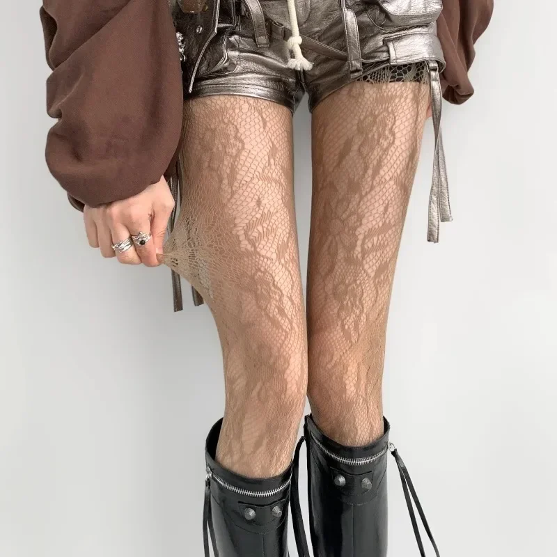 جديد القهوة الأزهار شبكة صيد السمك الجوارب المرأة مثير النايلون الجوف شبكة جوارب طويلة النمط الياباني ACGN JK الحلو لوليتا جوارب شبكية