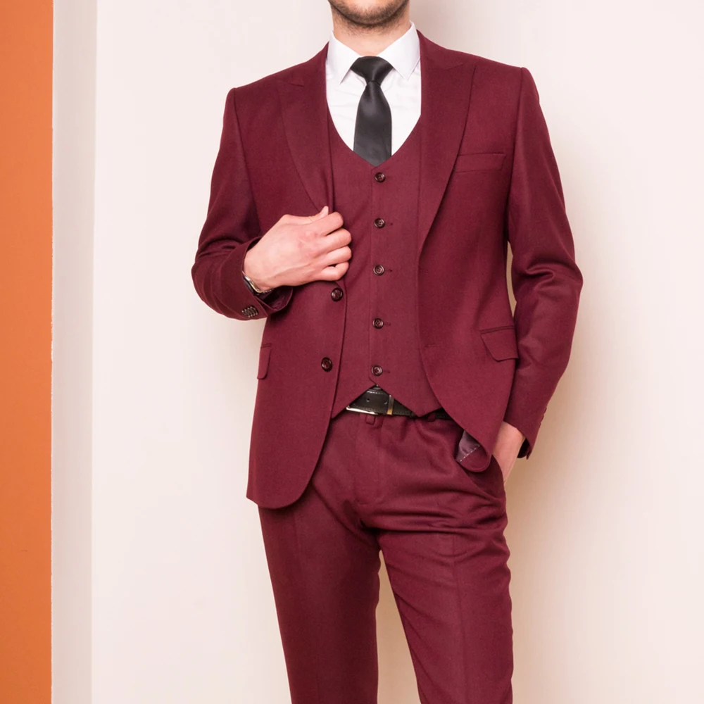 Crimson Suits for Men Fashion Solid Color Male Suit Slim Fit Casual 3 Piece Set Business Groom Wedding Tuxedo Blazer with Pants