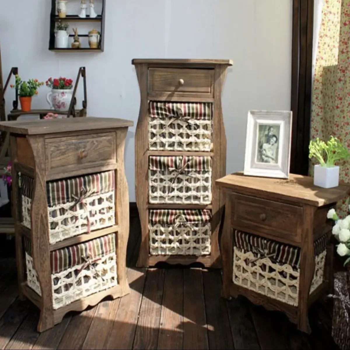 

Retro solid wood bedside table pastoral rattan economical storage cabinet bedroom chest cabinet living room ornam