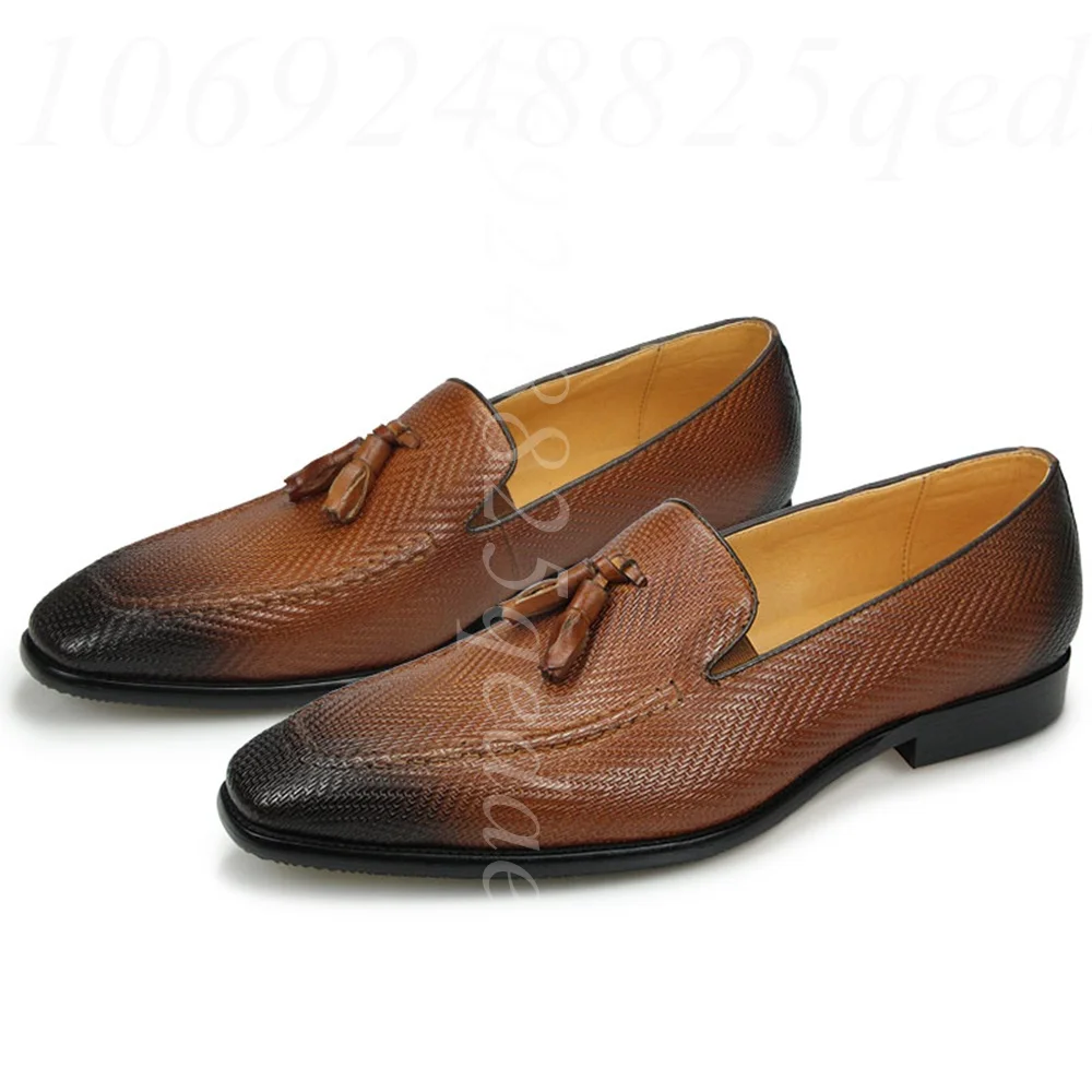 

Men's Two-Tone Woven Leather Tassel Decor Loafers Hand-Burnished Pointed Toe Dress Shoes for Business Meetings Formal Occasions