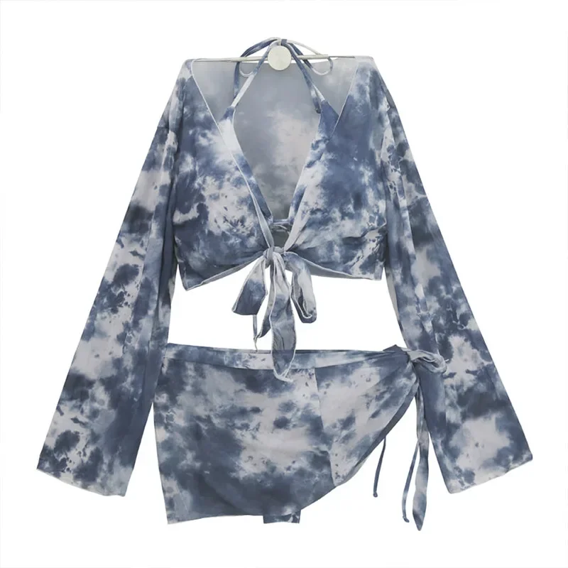 New 4 Pieces Set Swimsuit Women Blue Tie Dye Swimwear Sexy String Bikini Sarong Skirts Long Sleeve Cover Up Beach Bathing Suit