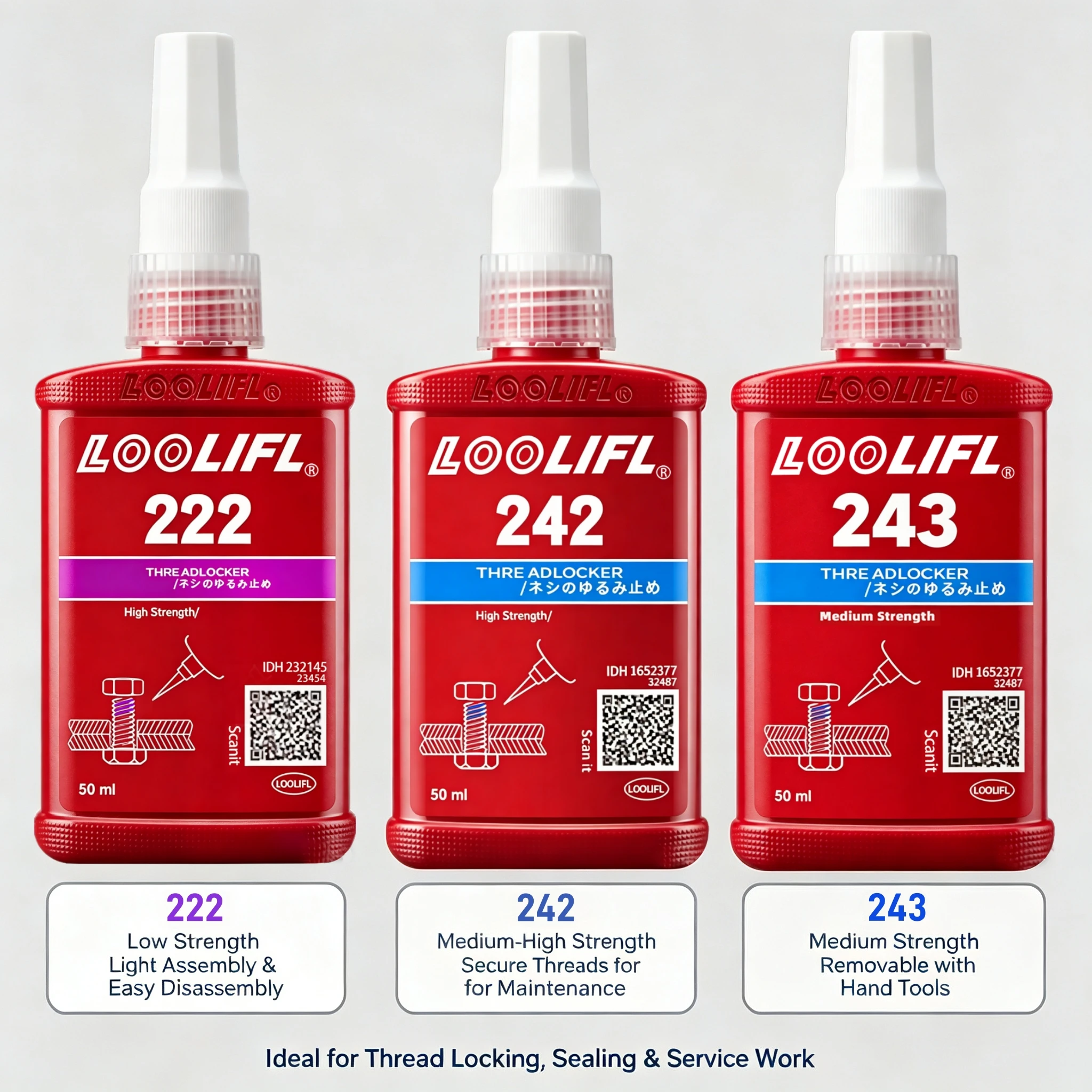 Loolifl Threadlocker 222 242 243 50ml Anaerobic Adhesive Anti-Vibration Bolt Sealant, Removable with Manual Tools, Suitable for Pipe, Automotive, Electrical, and Mechanical Repairs, Anti-Rust and Leak-Proof