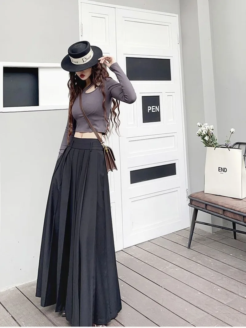 Big Pendulum Black Pleated Skirt Retro Low Waist Casual Long Ankle Skirt Solid Color Skirt