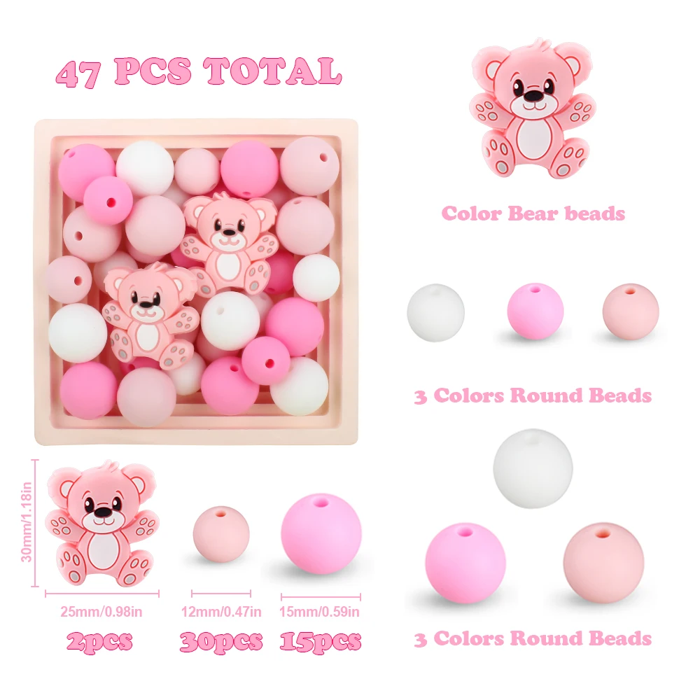 47Pcs/Set Bear Silicone Beads Set Round Fcoal Beads Baby Teething Teether DIY Pacifier Chain Keychain Necklaces Accessories