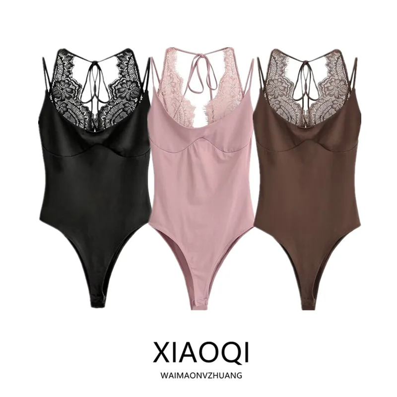 

Spring Summer 2026 New Women's Lace Halter Neck One-Piece Suit Sleeveless Splice High Waist Straight Leg Short Pants