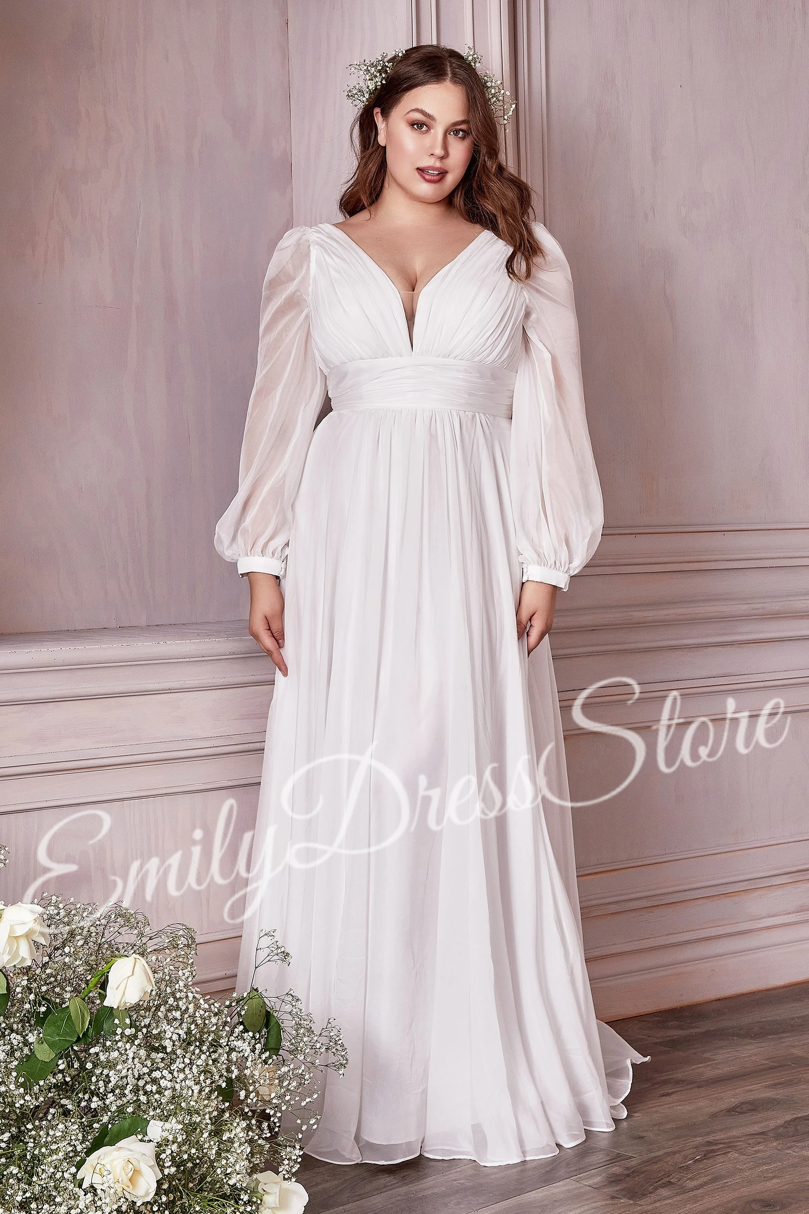 Vestido de noche marfil para mujer, cuello en V, manga larga, largo hasta el suelo, gasa, Formal, largo, Sexy, vestidos de baile, vestido de fiesta y desfile