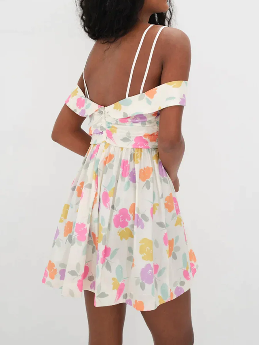 Women Sleeveless Floral Dress Summer Ruched A-Line Party Mini Dress for Cocktail Beach Streetwear