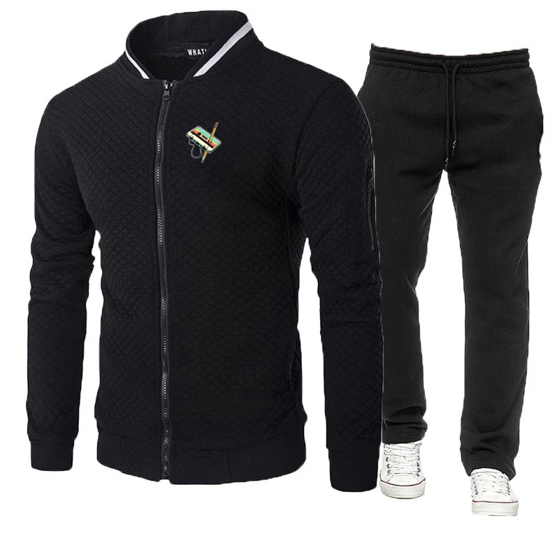 80s Cassette Tape Pencil 1980s Vintage Music Creative Graphic Popular Round Neck Hoodies+Leisure Long Pants Slim Suits