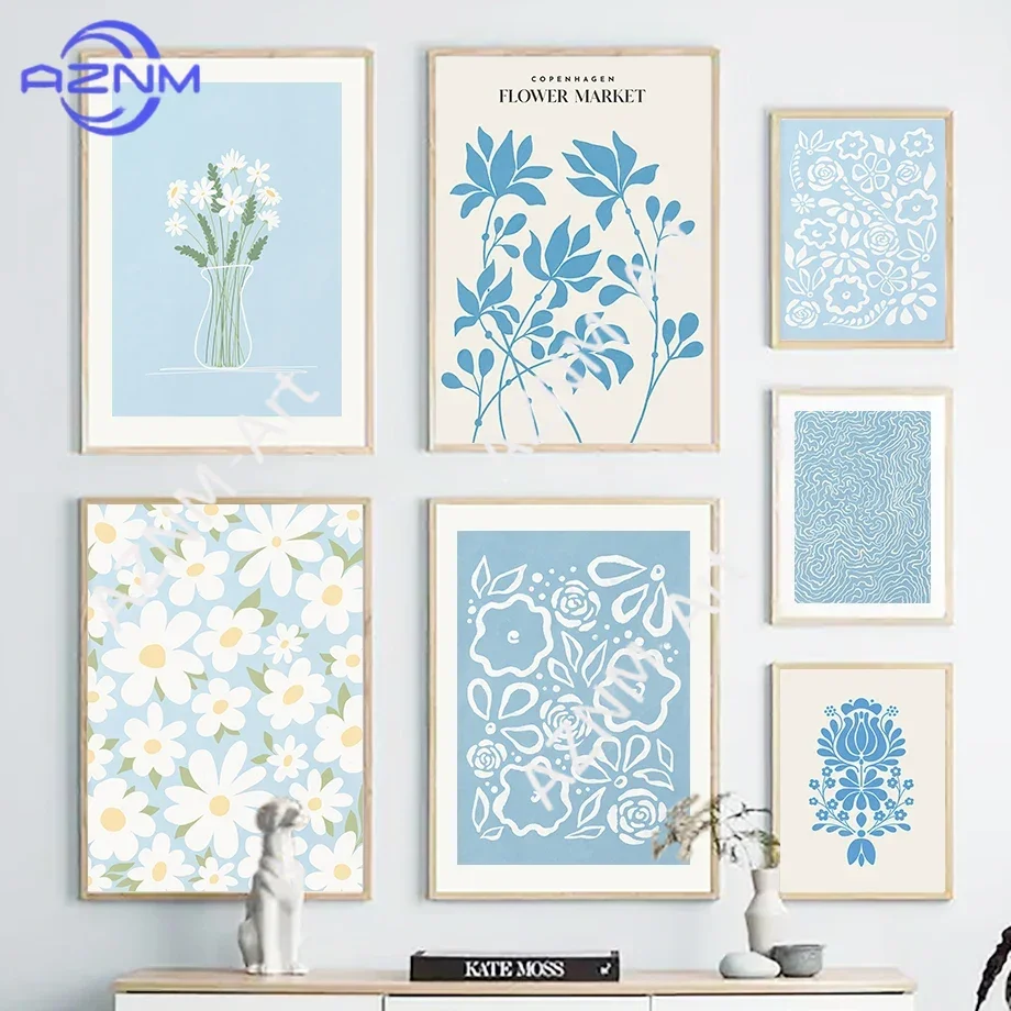 Blauer Blumenmarkt, Minimalismus, Wandkunst, Leinwandgemälde, nordische Poster und Drucke, abstrakte Wandbilder für Wohnzimmerdekoration