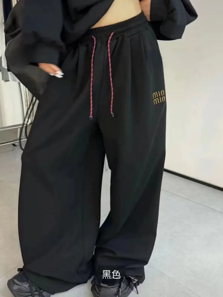 هوتشو خمر الأسود فضفاض الركض Sweatpants Y2k امرأة المتضخم Harajuku السراويل الشارع الشهير السراويل الكورية الخريف الشتاء