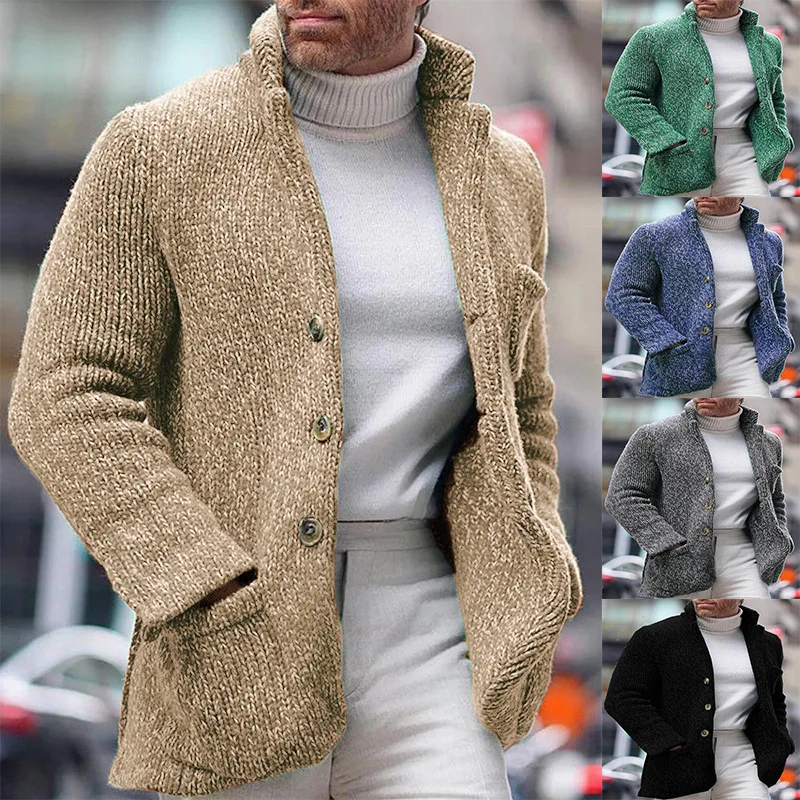 

Turtleneck Solid Cardigan Men Sweater Long Sleeve Knitted Sweaters Buttons Spliced Pockets Loose Fit Casual Slight Strech