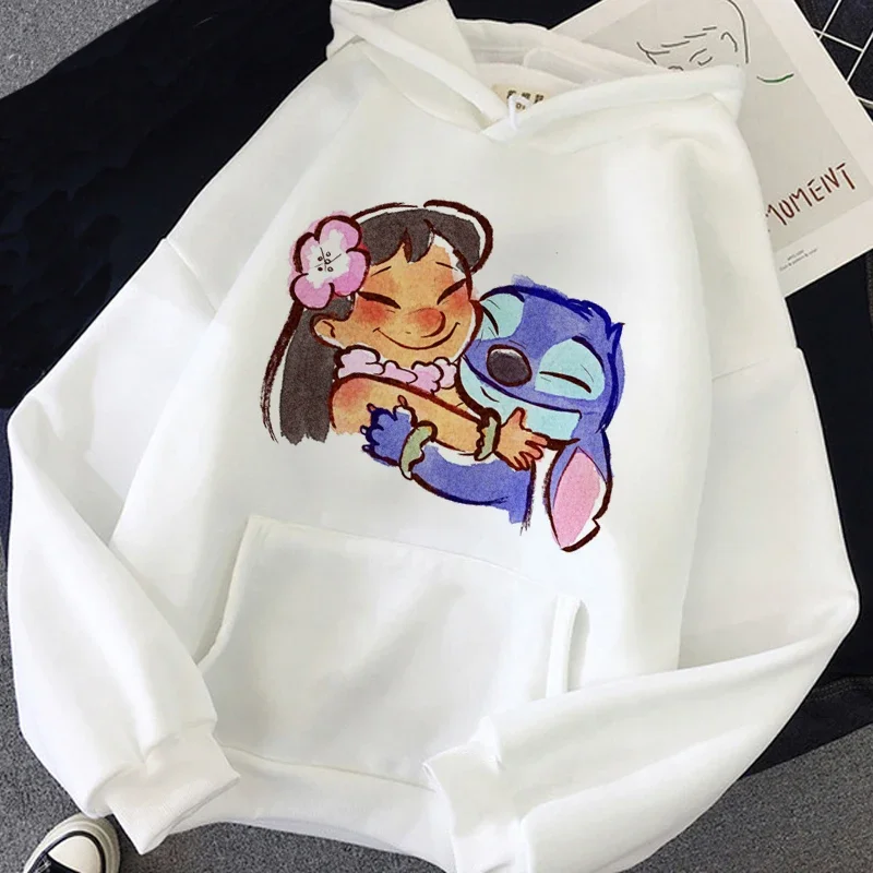 Cartoon Women\'s Hoodie Kawaii Lilo Stitch Pattern White Sweatshirt Long sleeved Hoodie Autumn Fun Anime Pullover Clothing