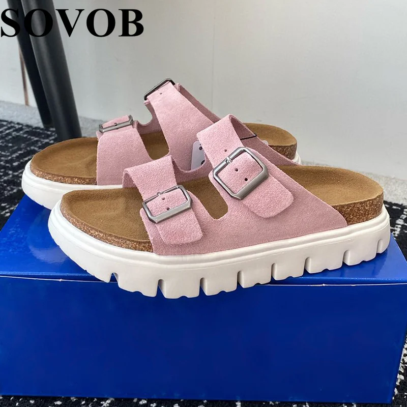 

New Summer Thick Soled Slippers Women's Versatile And Simple Double Row Belt Buckle Non slip slippers Vacation Beach Slippers