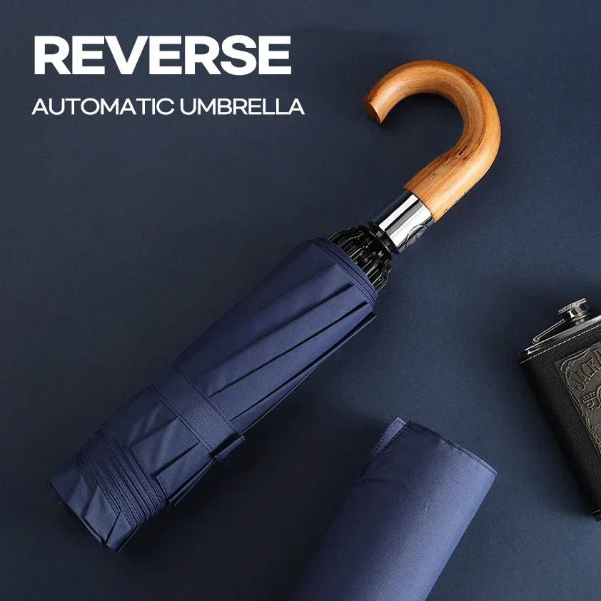 

Luxury Reverse Umbrella for Men Wooden Handle Large Automatic Umbrella Windproof Strong 10 Ribs Foldable Big Rain Umbrella Golf