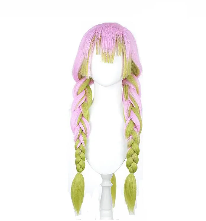 High Quality Cosplay Wig Long Pink Green Braided Heat Resistant Hair Authentic Anime Cosplay Wigs Dakimakura Pillow Case