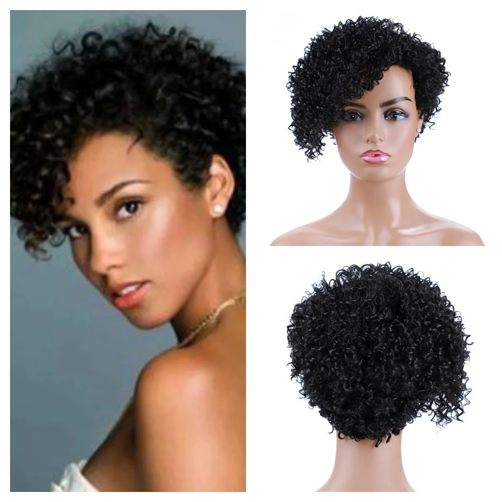 

Blice 6" Synthetic Hair Extensions Afro Kinky Curly Short Bob Deep Curly Pixie Cut Water Wave Daily Wig One-Side Part Long Bang