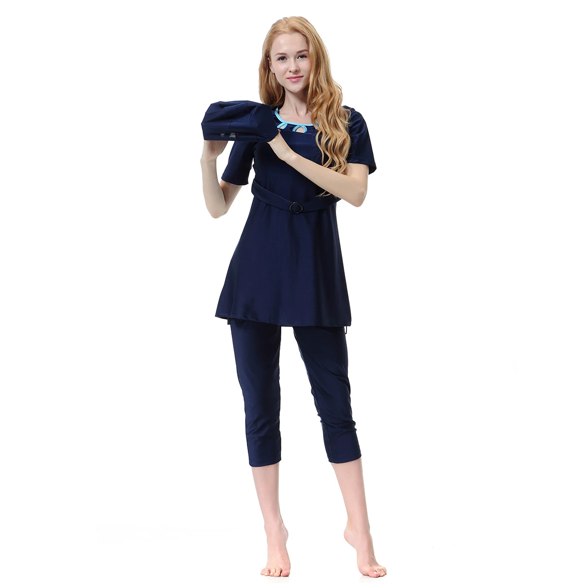 S-3XL Fashion Islamic Muslim Swimsuit Burkini Women Ladies Short Sleeve 3pcs/set Quick Dry Solid Color Hollow Neck Sashes