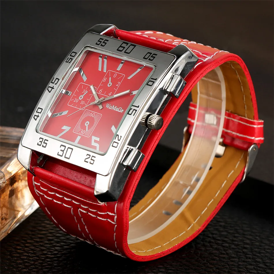 Fashion Punk Black/red/white Women's Watch Square Dial Big Size Leather Watchband Lady Rock Wristwatches Quartz Movement