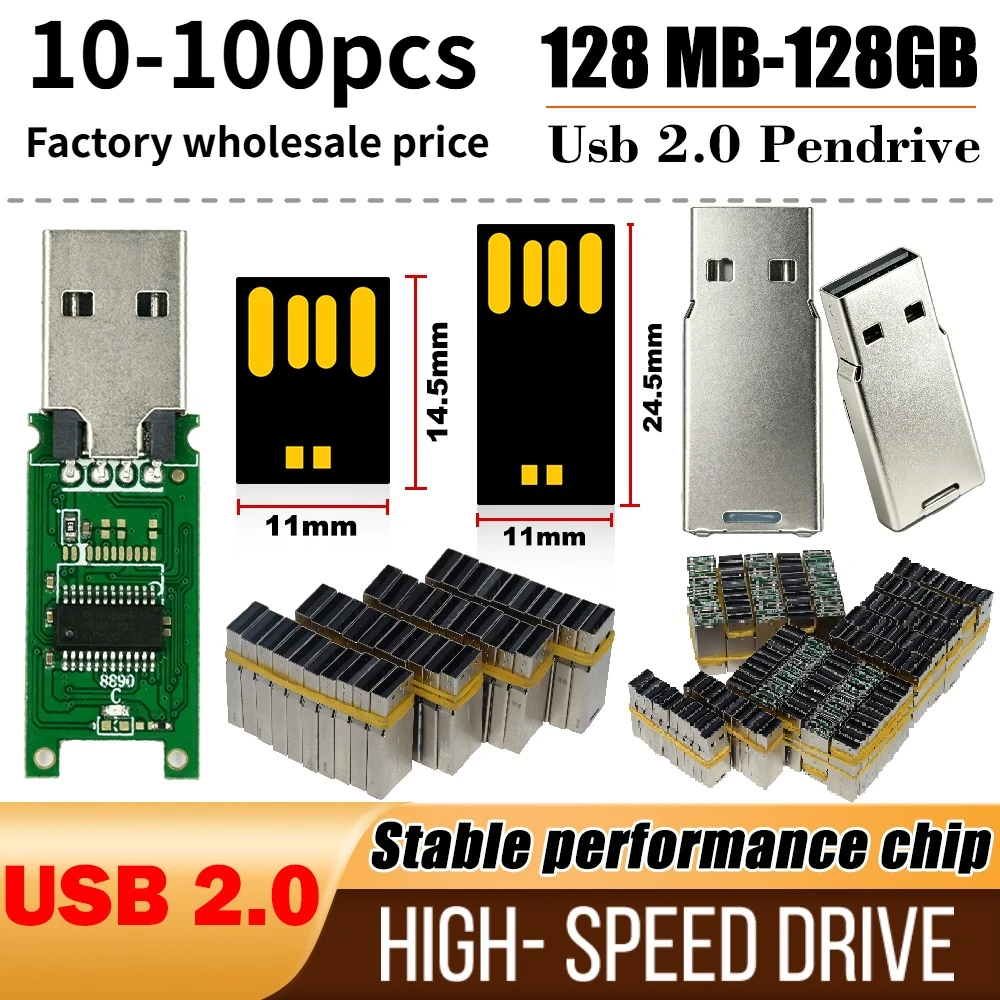 10-100pcs Wholesale USB 2.0 Semi-finished Chip Flash Drive 1GB 2GB 4GB Pen Drive 8GB 16GB 32GB 64GB128MB 512MB Memory Flash Disk