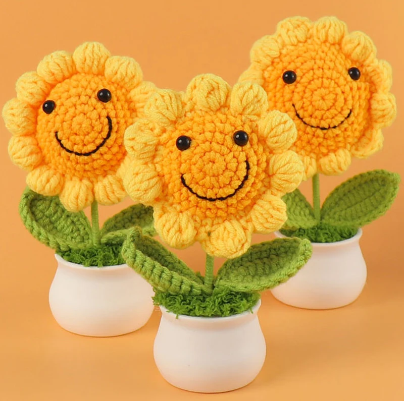 1PCS Kreative Künstliche Blumen Nette Häkeln Sonnenblume Töpfe Gestrickte Blume Handgemachte Geschenk Hause Hochzeit Gast Geschenke Desktop Decor – Detail 1