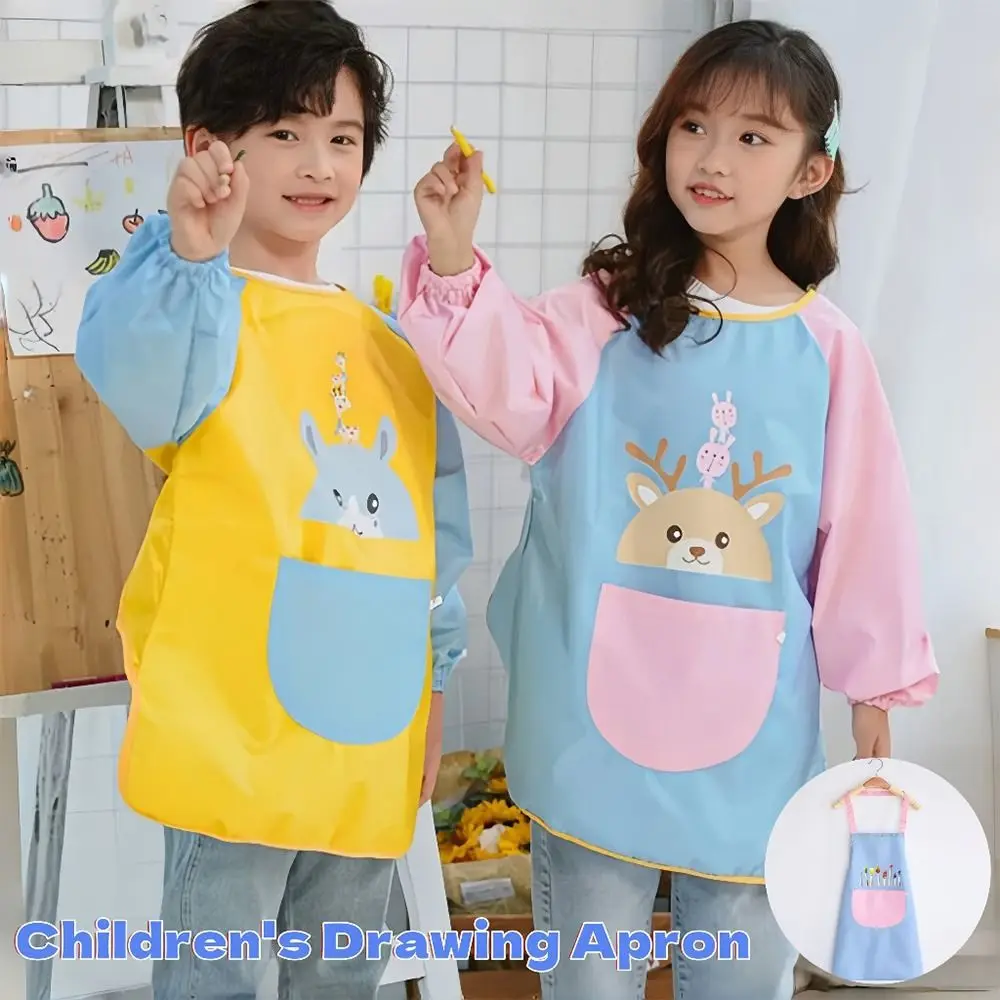 Cute Adjustable Kids Painting Apron Waterproof Cartoon Art Apron Long Sleeved Large Pockets Baking Bibs