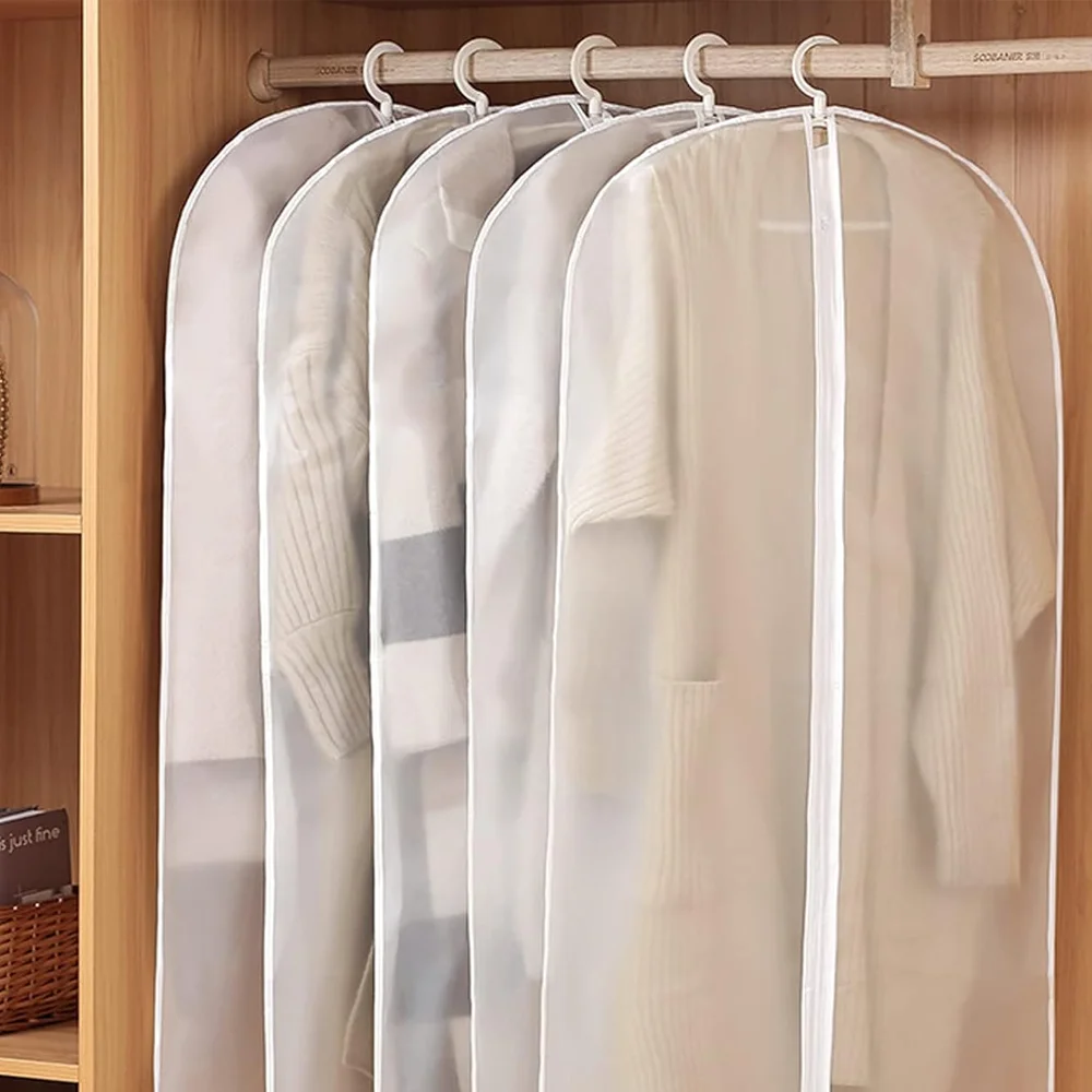 5pcs Clothes Dust Cover Hanging Clothes Storage Bags w/ Zipper Household Washable Suit Cover Dust Bag Home Organizer