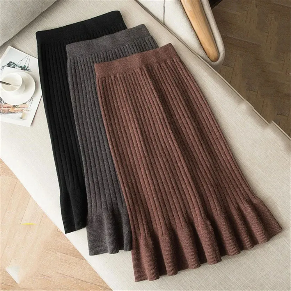 

Knitted Ruffle Fish Tail Midi Skirt High Waist Autumn Winter Striped Sweater Hip Wrap Skirt For Women Mujer Faldas Saias Mulher