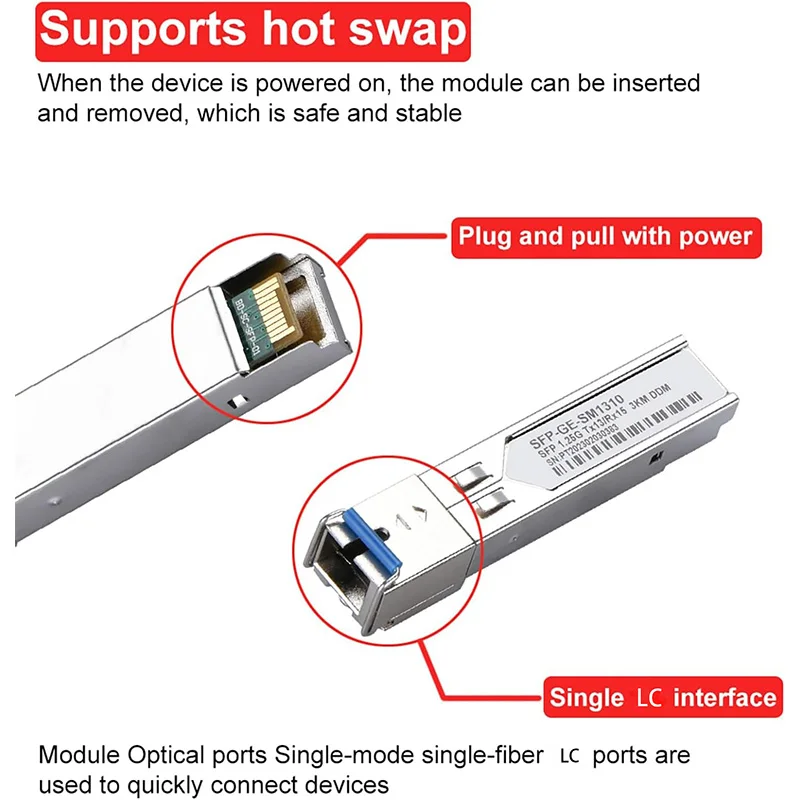 Módulo Ethernet SFP,LC 1,25G Módulo ótico de fibra única 20KM Tx1310/1550nm Modo único com switch Ethernet Cisco/Mikrotik