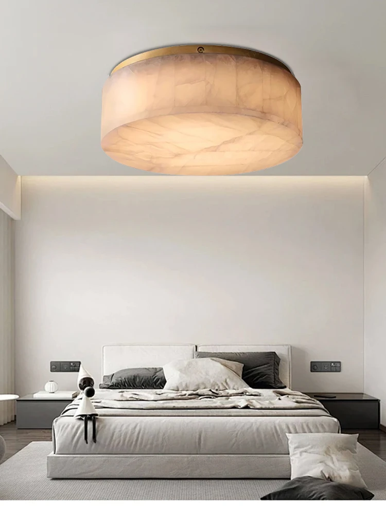 

2025 Bedroom Decoration Natural Marble Ceiling Lamp Living Room Bronze Copper Round Luxury Stone Ceiling Chandelier Lamparas