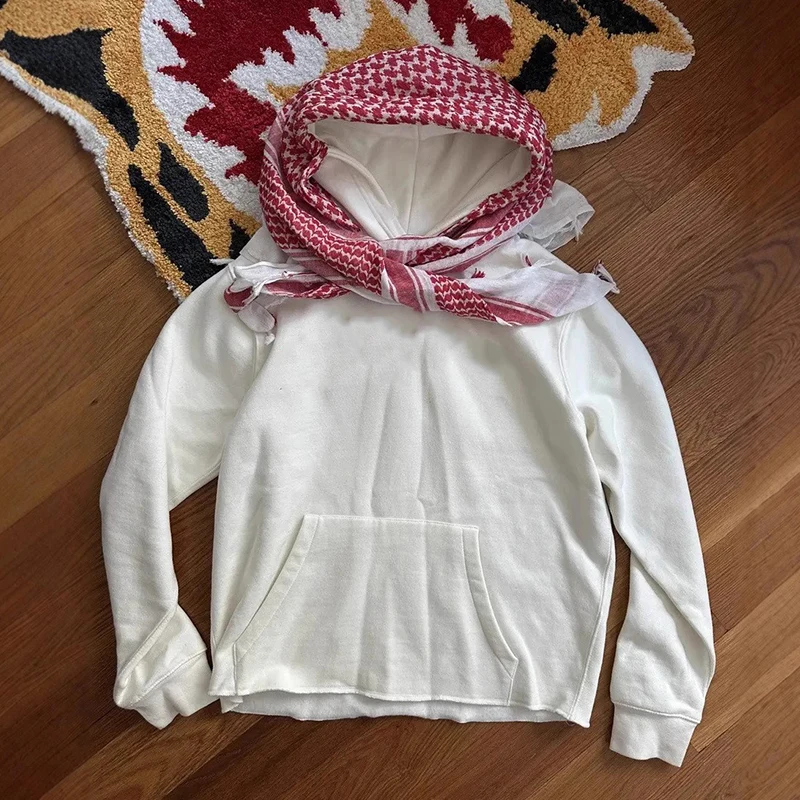 

Y2k hip-hop style red cut hoodie with Arabian desert scarf set, worn hem suitable for street retro fashion hoodie