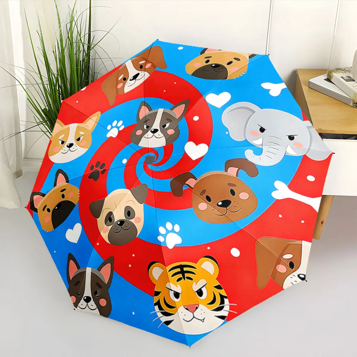1PC Whimsical Animal Faces on Vivid Spiral Umbrella Print 8 Iron Ribs Folding Umbrella Auto-Open Fashion Sunshade
