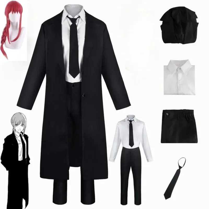 Disfraz de motosierra de Anime para hombre, gabardina negra, camisa, corbata, pantalones, peluca Makila, trenza larga roja clara, traje para hombre y mujer, uniforme NM26