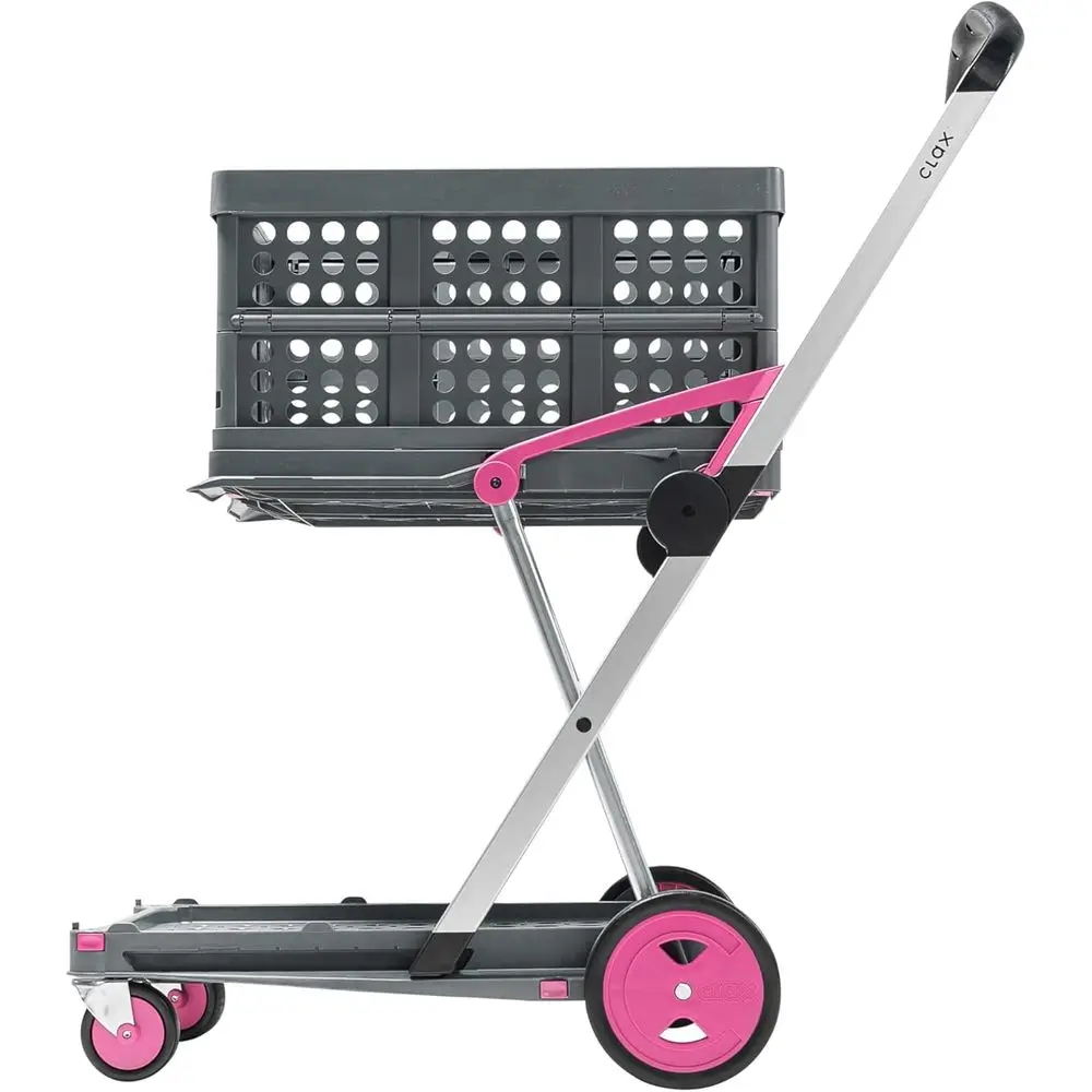 

German Engineered Multi-Purpose Collapsible Shopping Cart with Storage Bin (Pink)