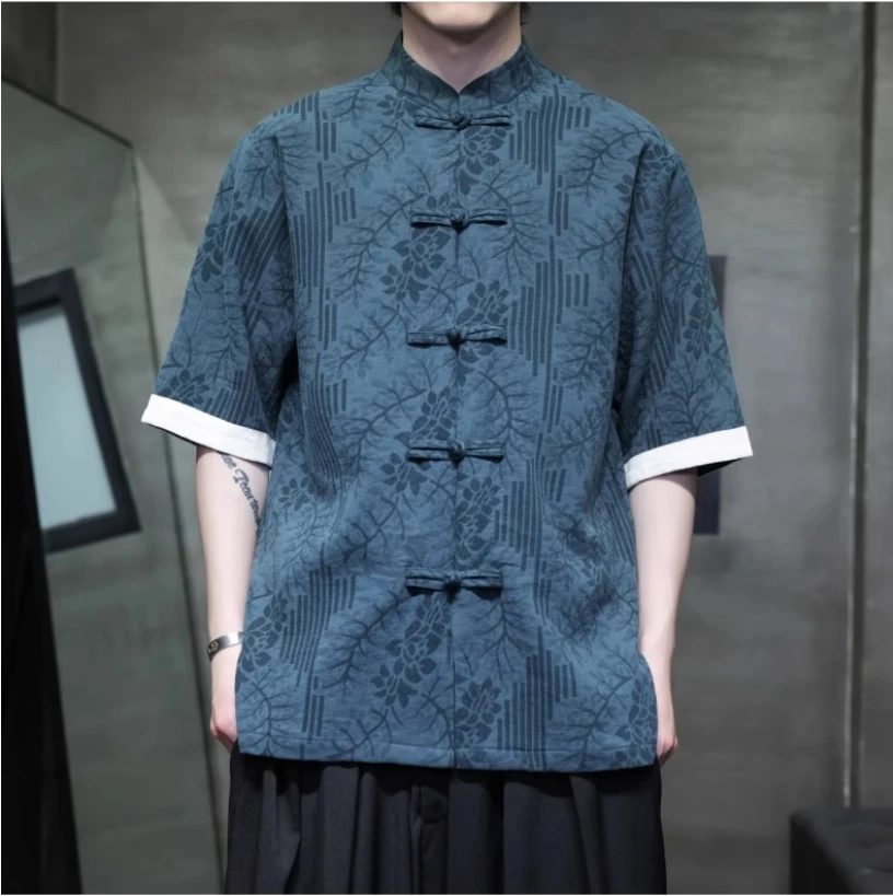 

Новый костюм Тан в китайском стиле с жаккардовой пряжкой и темным узором, футболка в стиле ретро, костюм Чжуншань с рукавом пять четвертей больших размеров