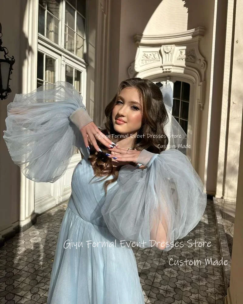 Giyu Elegant Light Blue Tulle Prom Party Dresses Puff Long Sleeves Sweetheart Ankle Length Evening Gowns Graduation Dress