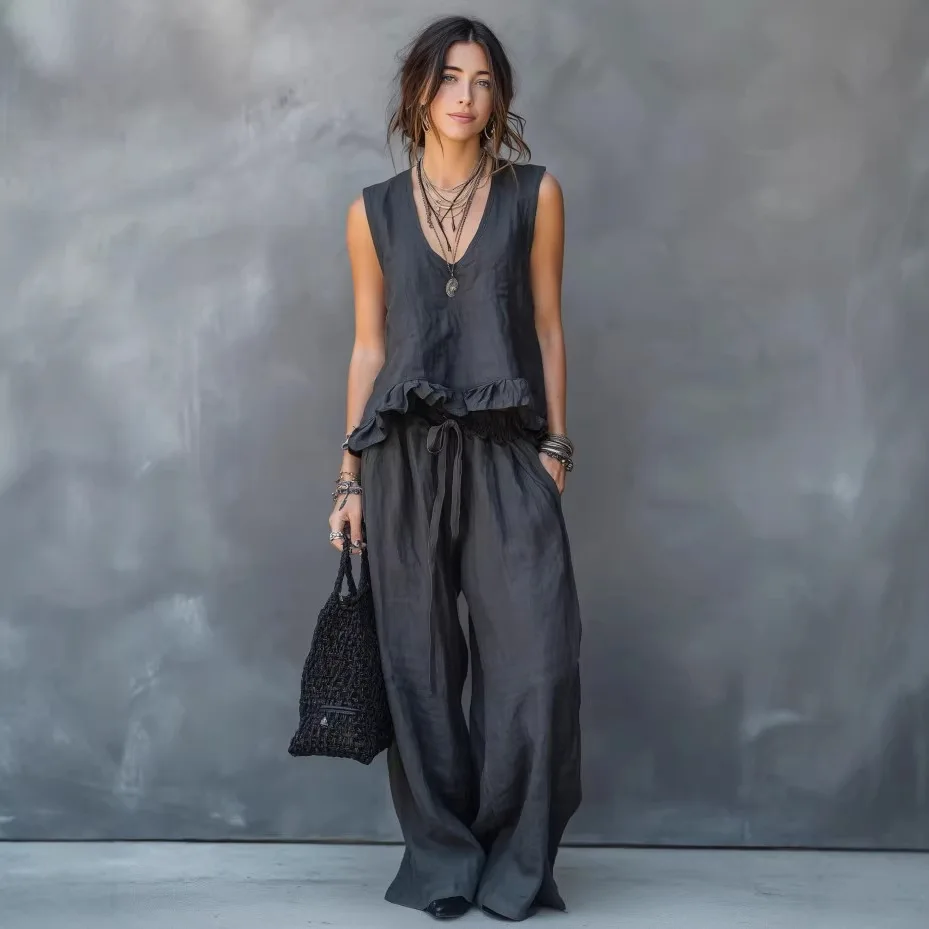 

Women Top Wide Leg Pants Suit V Neck Sleeveless Ruffles Tops Trousers 2 Piece Sets Lace Up Outfits Office Lady Summer Ensemble