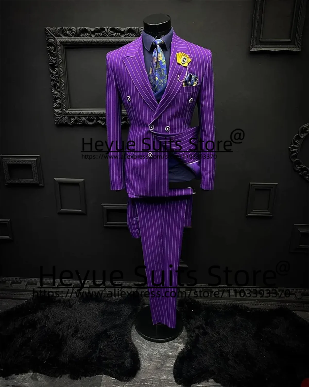 Purple Classic Stripe Fashion Men Suits Slim Fit Peak Lapel Slim Groom  Tuxedos 2 Pieces Sets Business Male Blazer Costume Homme