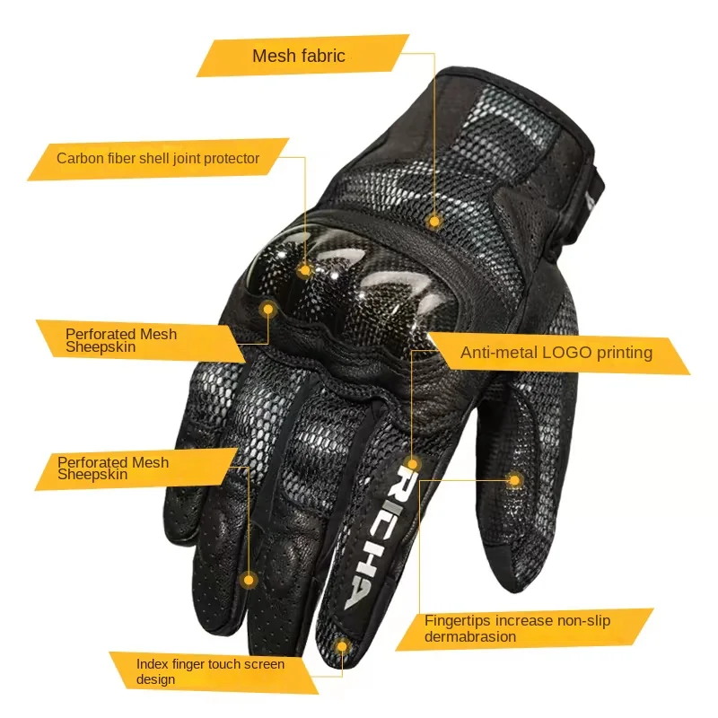 RICHA BD-S Summer Mesh Motorcycle Gloves Carbon Fiber Protective Case Fall Prevention Ventilate Touchable Screen Motorcycle Gear