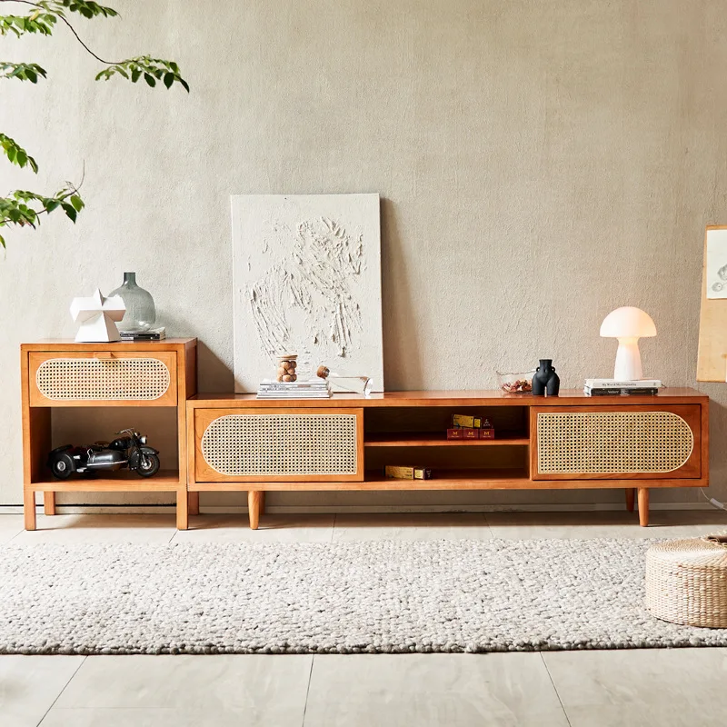 Modern simple TV cabinet rattan heightened combination wall cabinet living room small apartment Nordic solid wood leg locker
